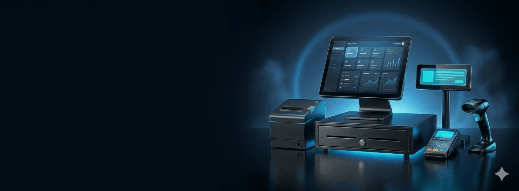 Matériel compatible avec la caisse Logones : terminal POS, imprimante tickets, tiroir-caisse, afficheur client, terminal de paiement et scanner codes-barres